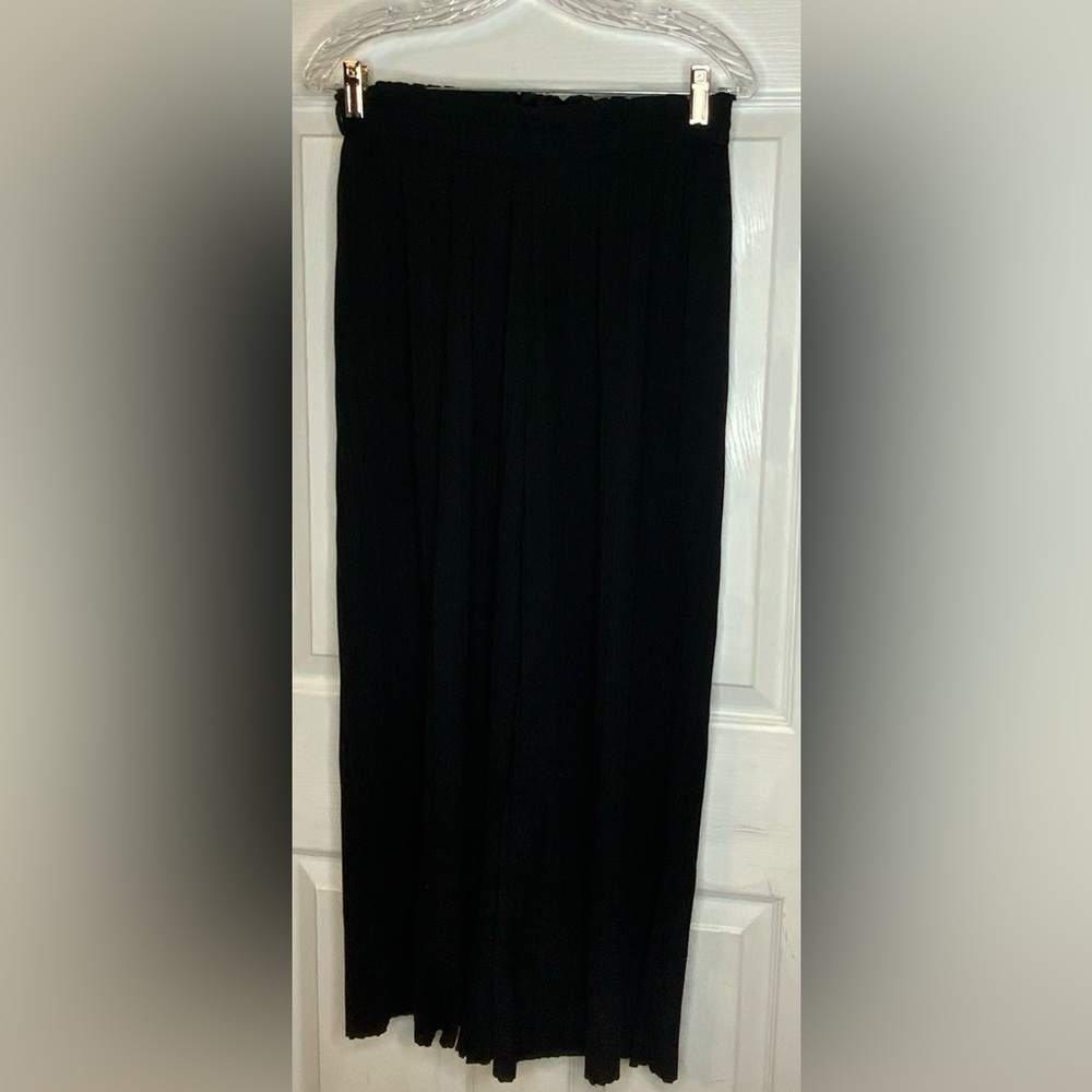 Women’s Black pleated pants with wide legs.